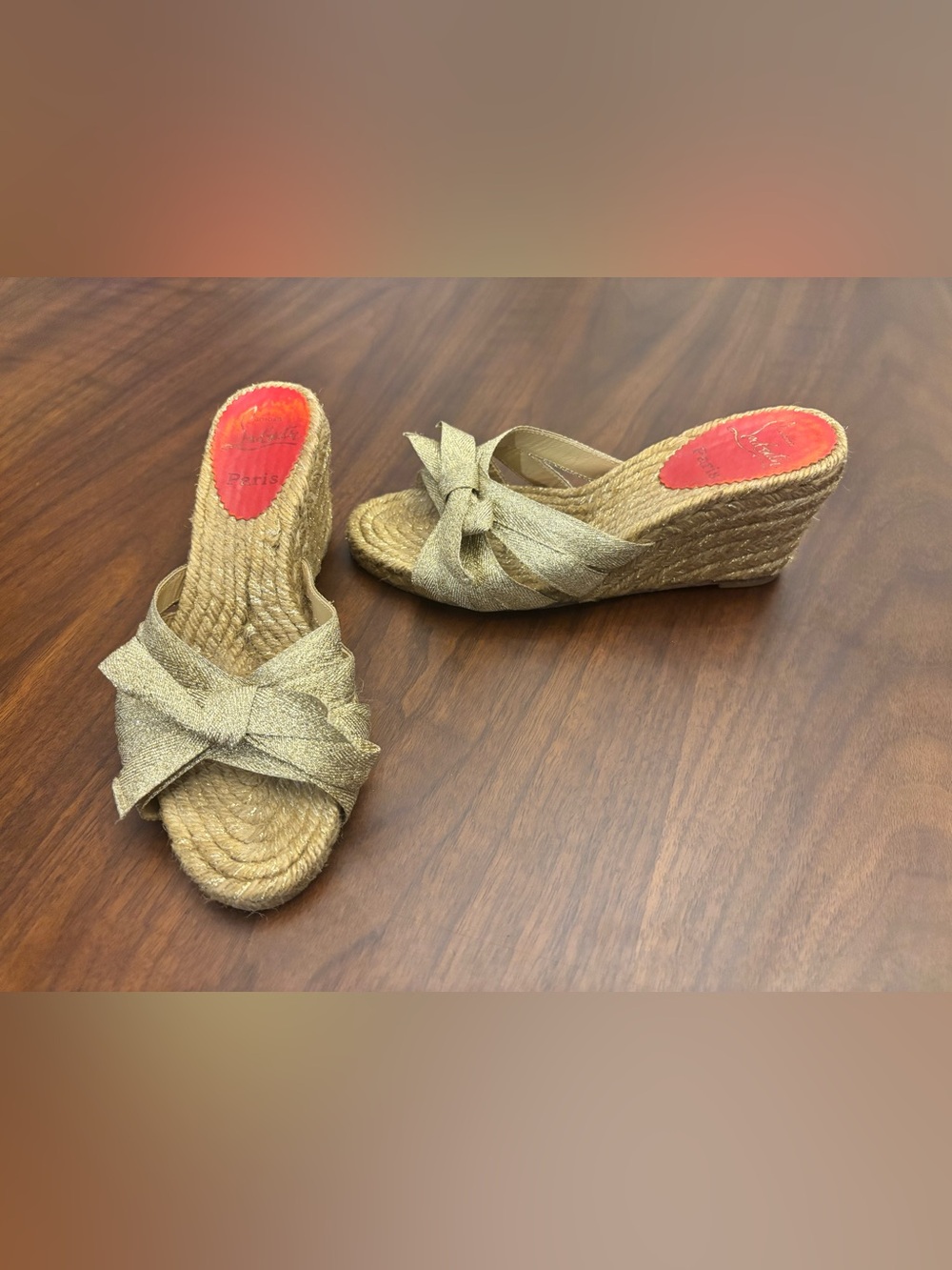Christian Louboutin Gold Metallic Bow Espadrille Wedge Sandals Size 37